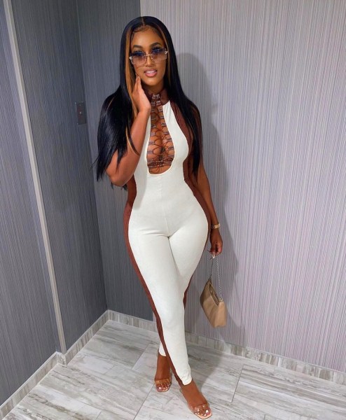 Fashion Contrast Strappy Round Neck Sleeveless Skinny Jumpsuit FF1062
