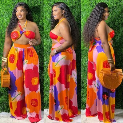Two-piece suit of plus size Womens sexy halter neck strap bikini print wide leg pants ONY5076