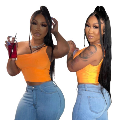 Solid color sexy one-shoulder sleeveless slanted top NQ101