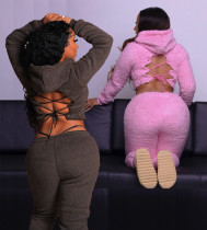 Winter Solid Color Long Sleeves Backless Lace-Up Hooded Sweater With Trousers Two Pieces Sets FF1073