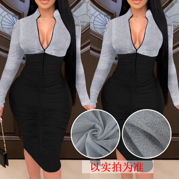 Sexy Stitching Zipper V-Neck Long Sleeves Pleated Midi Skinny Dress K3023