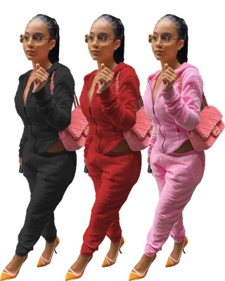 Casual Solid Color Zipper Long Sleeves Hooded Sweater With Trousers Two Piece Sets W919