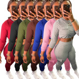 Casual Solid Color Round Neck Long Sleeves Drawstring Trousers Two Piece Sets MA6623