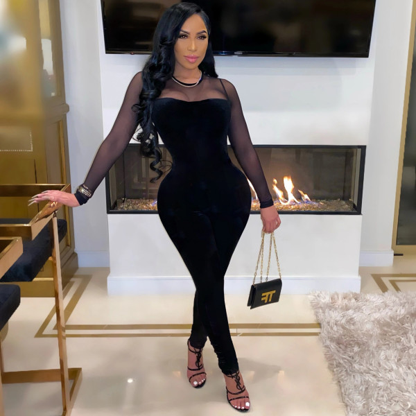 Sexy Mesh Stitching Velvet Round Neck Long Sleeves Skinny Jumpsuit SM9137-2