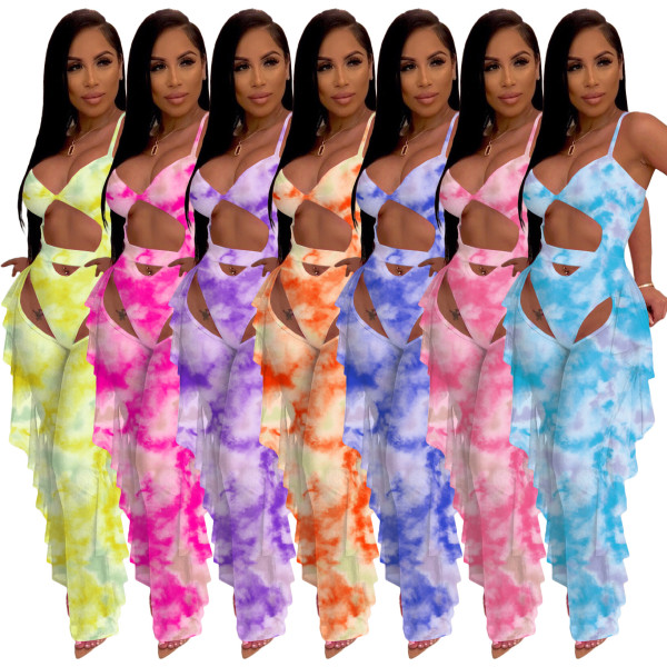 Ladies Tie-Dye Print Sexy Jumpsuit Mesh Pants Two-piece Swimsuit LML219