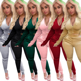 Sexy Solid Color Gold Velvet Zipper V-Neck Long Sleeves Mini Top With Trousers Two Piece Sets NK185