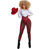 Fashion Round Neck Long Sleeves Top With Printed Trousers Skinny Two Piece Sets FX236