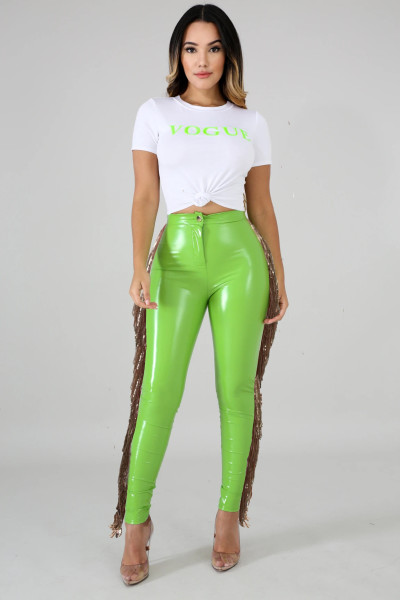 Fashion Tassel Stitching High Elastic Leather Long Pants A3241