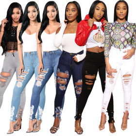 Sexy Solid Color Hole High Waist Skinny Jeans M605