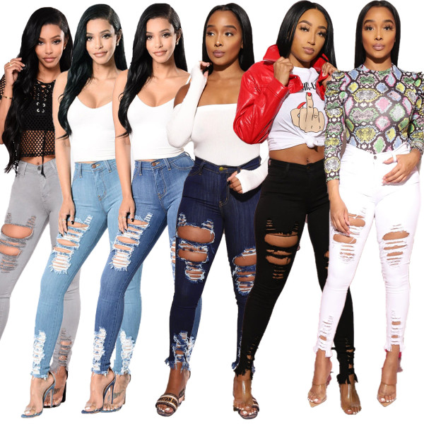 Sexy Solid Color Hole High Waist Skinny Jeans M605
