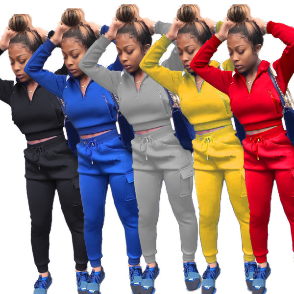Womens solid color stitching suit personalized zipper sports sweater two-piece suit R3120