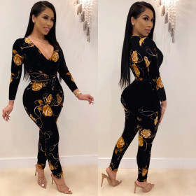 Fashion Printed V-Neck Long Sleeves Lace-Up Skinny Jumpsuit SH7919