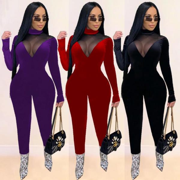 Sexy Mesh Velvet Stitching Round Neck Long Sleeves Skinny Jumpsuit SM9128