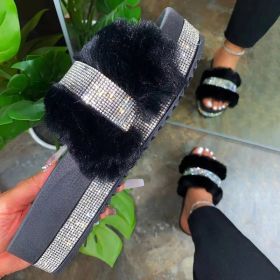 Flat-bottomed sponge cake soft-bottom sandals and slippers Womens plus size rhinestone plush slipper