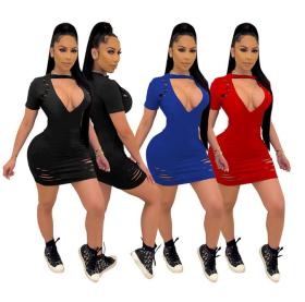 Sexy V-neck burnt flower dress milk silk pure color skirt DD8097