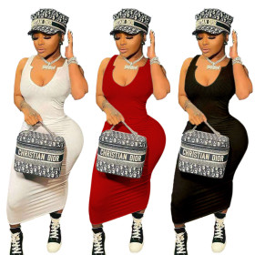 Womens solid color ribbed casual slim-fit sleeveless vest long skirt TRS1119