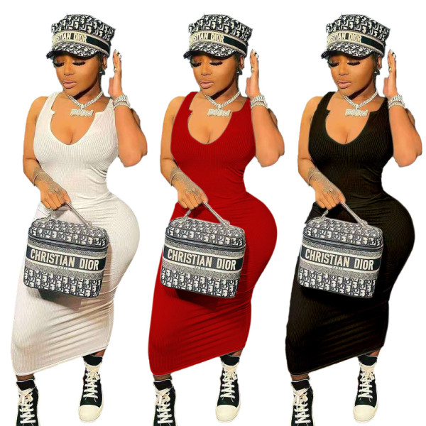 Womens solid color ribbed casual slim-fit sleeveless vest long skirt TRS1119