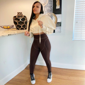 Casual Solid Color Long Sleeves Hooded Cropped Sweater With Trousers Two Pieces Sets S390023