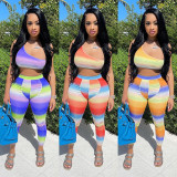 Fashion Womens colorful gradient color positioning printing 2-piece set HR8159