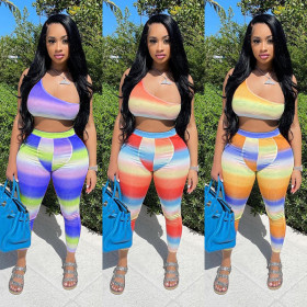 Fashion Womens colorful gradient color positioning printing 2-piece set HR8159