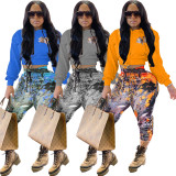 Fashion Printed Long Sleeves Hooded Cropped Sweater With Drawstring Trousers Two Piece Sets S930