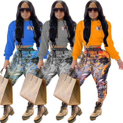 Fashion Printed Long Sleeves Hooded Cropped Sweater With Drawstring Trousers Two Piece Sets S930