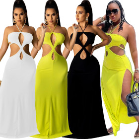 Womens solid color sexy dress cute split R6425