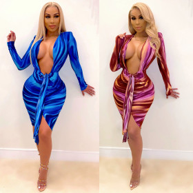 Fashion Tie Dye Printed Deep V-Neck Long Sleeves Mini Dress CY1297