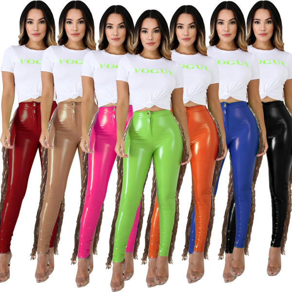 Fashion Tassel Stitching High Elastic Leather Long Pants A3241