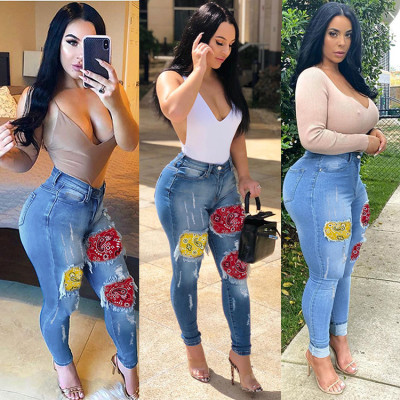 Fashion Stitching Hole High Waist Skinny Jeans PT8287