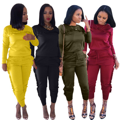 Autumn Ruffle Round Neck Long Sleeves Top With Drawstring Trousers Two Piece Sets LS6045