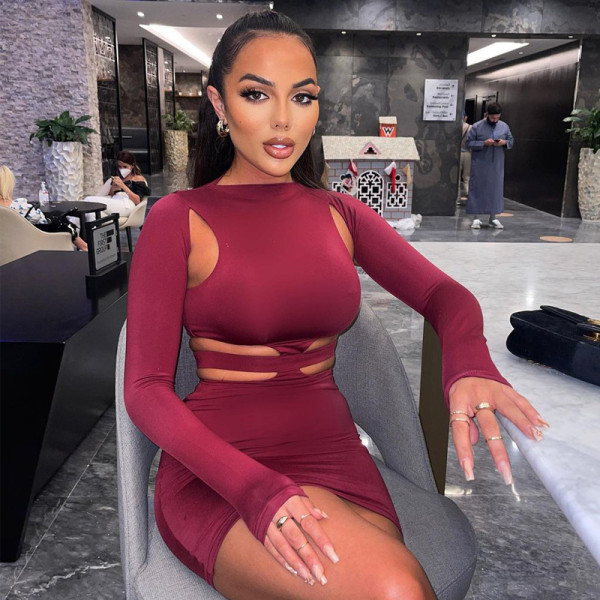 Solid color hollow sexy dress D114381X