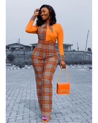 Fashion Plaid Stitching Long Sleeves Straight Pants Plus Size Jumpsuit XCSD9901