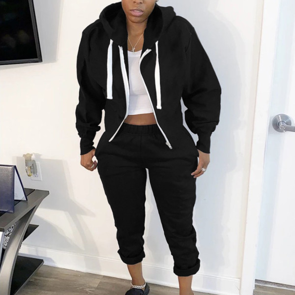 Casual Zipper Long Sleeves Hooded Jacket With Trousers Two Pieces Sets SM9135