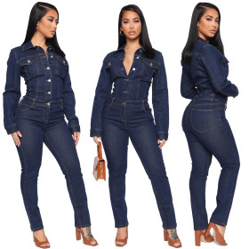 Fashion Denim Turn-Down Collar Long Sleeves Skinny Jumpsuit JLX6047