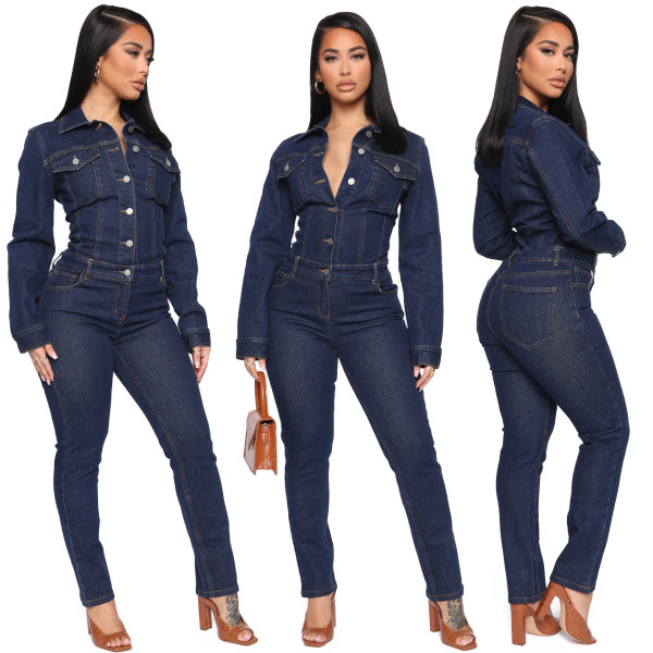 Fashion Denim Turn-Down Collar Long Sleeves Skinny Jumpsuit JLX6047