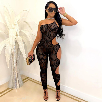 Sling mesh printed ripped jumpsuit LD9100