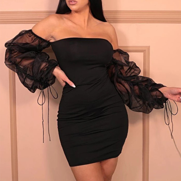 Sexy Off Shoulder Backless Mesh Long Sleeves Mini Bodycon Dress  LD1517
