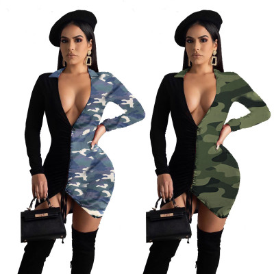 Sexy Stitching Printed V-Neck Long Sleeves Drawstring Mini Dress YM8083