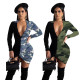 Sexy Stitching Printed V-Neck Long Sleeves Drawstring Mini Dress YM8083