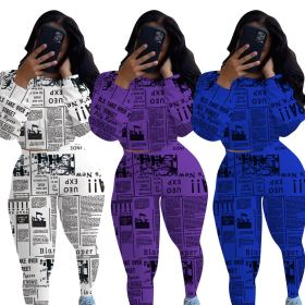 Fashion Newspaper Printed Round Neck Long Sleeves Cropped Top With Trousers Two Piece Sets F8312