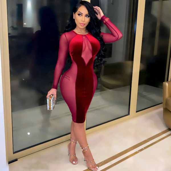 See-Through Mesh Stitching Velvet Round Neck Long Sleeves Midi Bodycon Dress WMZ2622