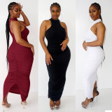 Womens hot model solid color sexy pleated solid color dress HH8965