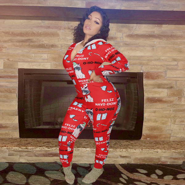 Casual Christmas Printed Zipper Long Sleeves Hooded Homewear Jumpsuit SN390043