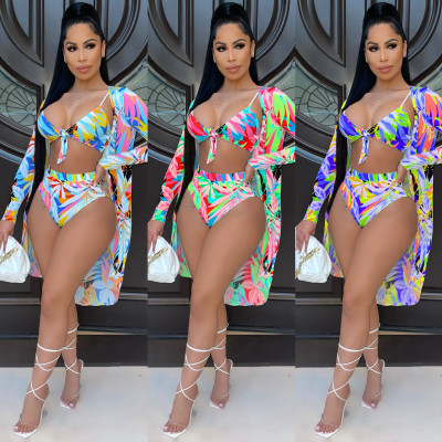 Fashion sexy printed cloak + bikini three-piece swimsuit CM2113