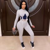 Sexy Strappy Round Neck Long Sleeves Mini Top With Trousers Two Piece Sets MDF5182