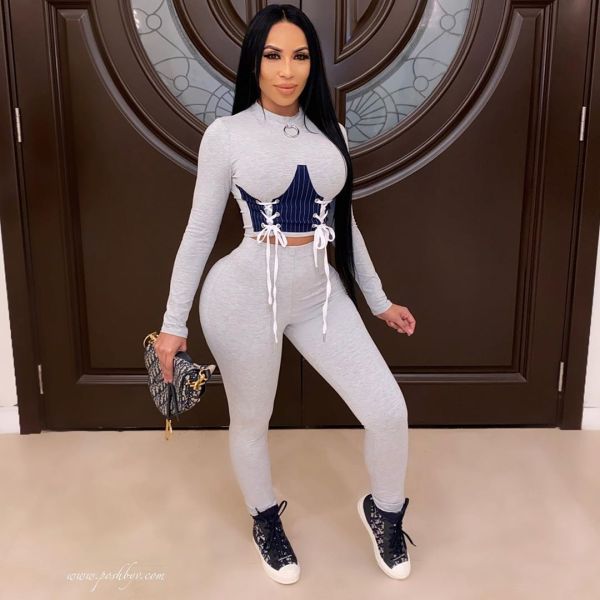 Sexy Strappy Round Neck Long Sleeves Mini Top With Trousers Two Piece Sets MDF5182