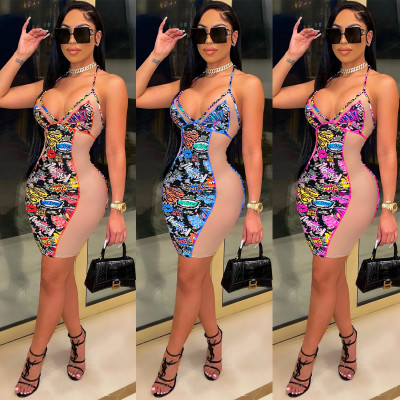 Sexy Womens digital print suspender dress XZ5051