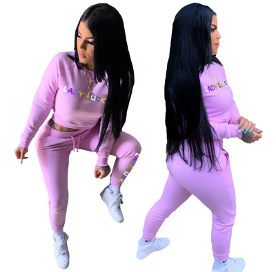 Fashionable Letter Printed Round Neck Long Sleeves Top With Drawstring Trousers Two Piece Sets MLS35