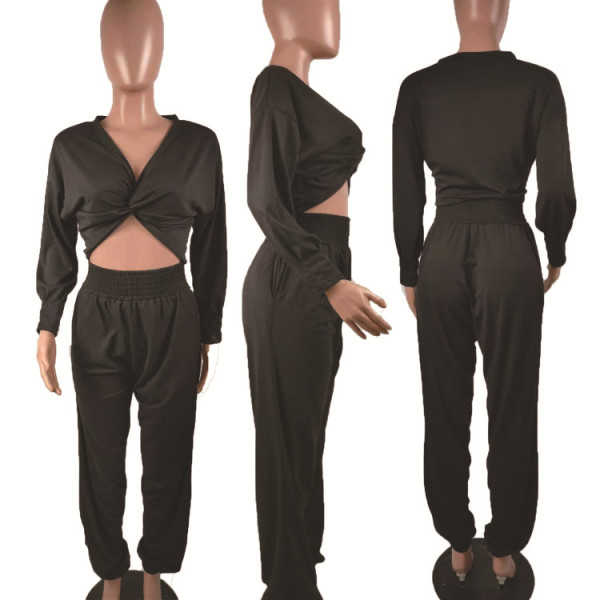 Fashion V-Neck Long Sleeves Cropped Top With Wide Leg Pants Two Pieces Sets T282